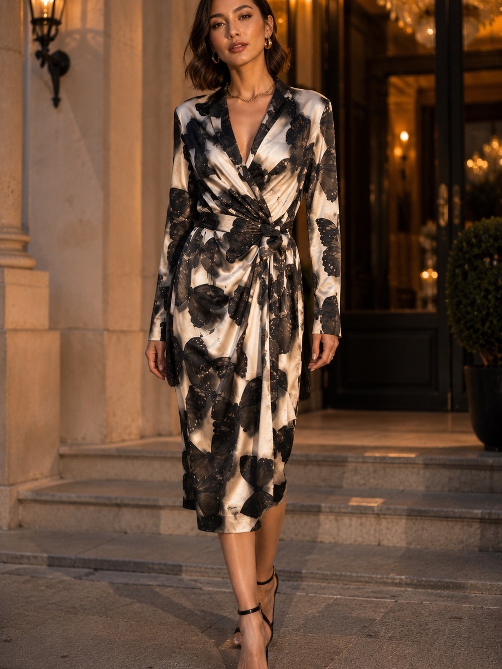 Lanvin Butterfly Print Silk Wrap Midi Dress Robe 38 Luxury Designer Boho Chic